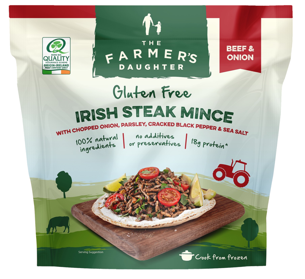 Farmers Irish Steak Mince Pouch with Green Recipe Packaging PNG Product Image