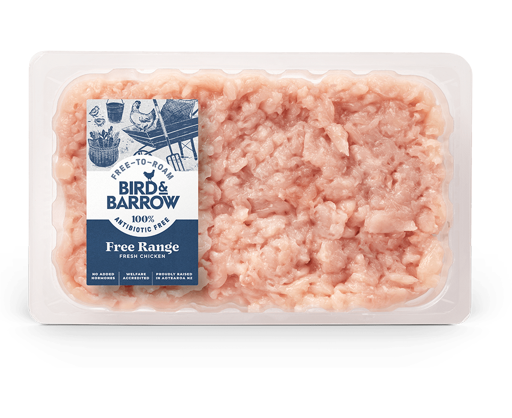 Fresh Pale Chicken Mince in Clear Plastic Tray with Label PNG Product Photo