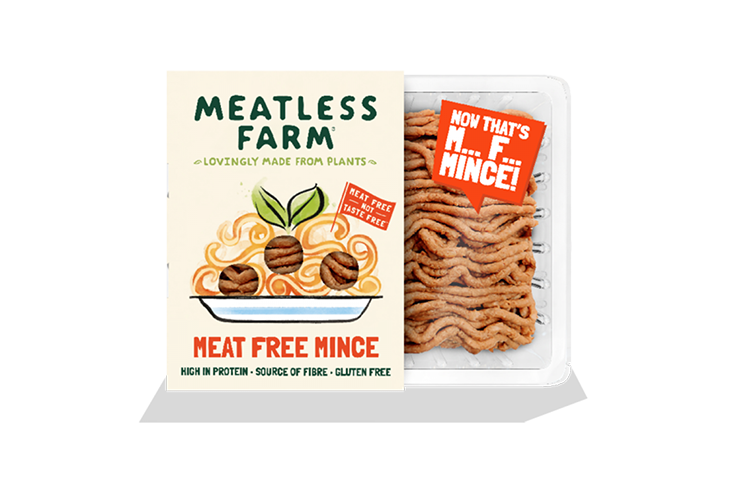 Meatless Farm Plant Based Mince Product Tray with Green and White Label PNG