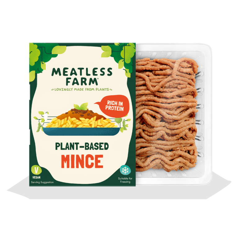 Meatless Farm Plant Based Mince with Clear Tray and Green Package PNG Image