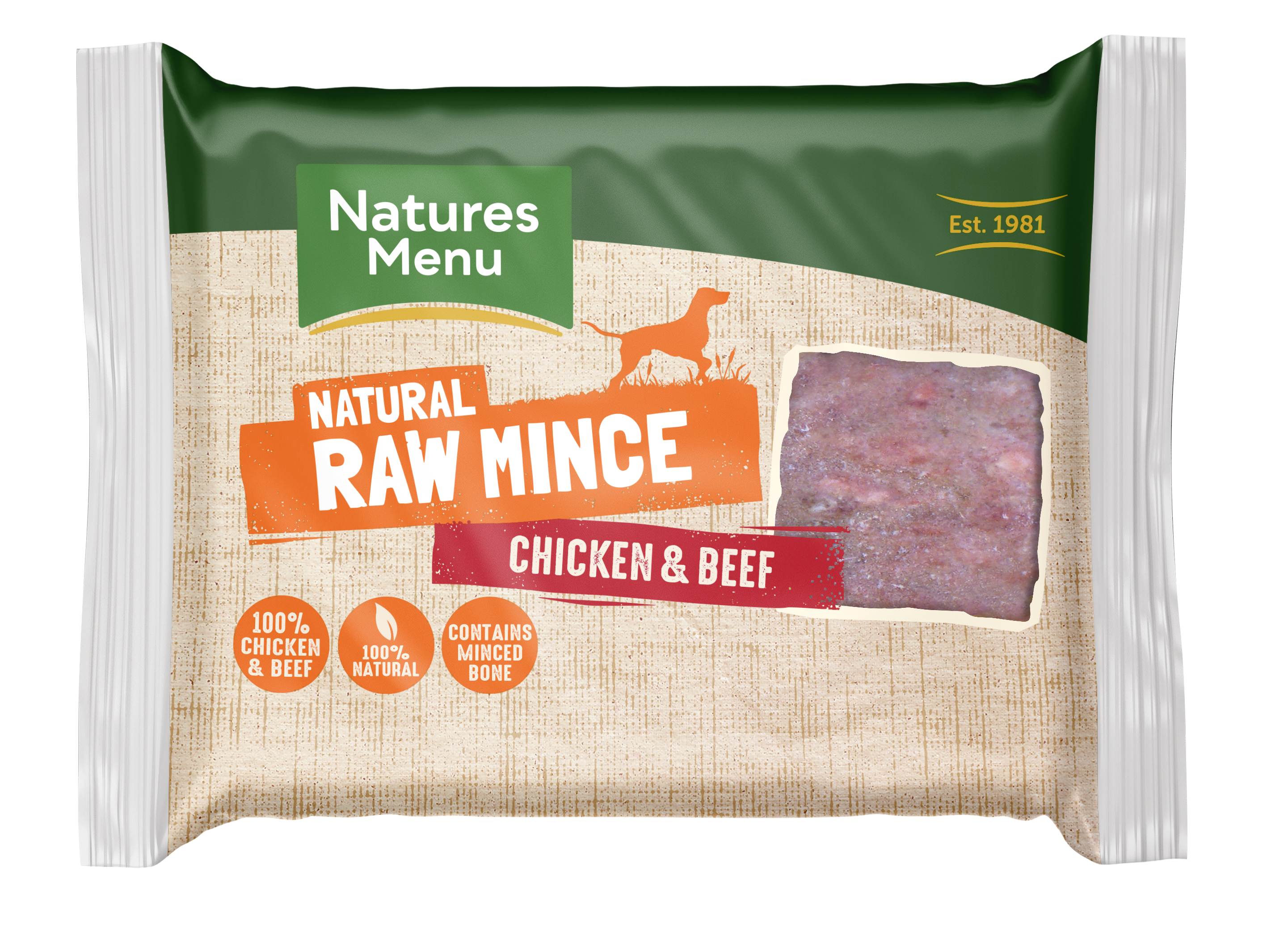Natures Menu Raw Chicken and Beef Mince Pet Food Package with Green Label PNG Image