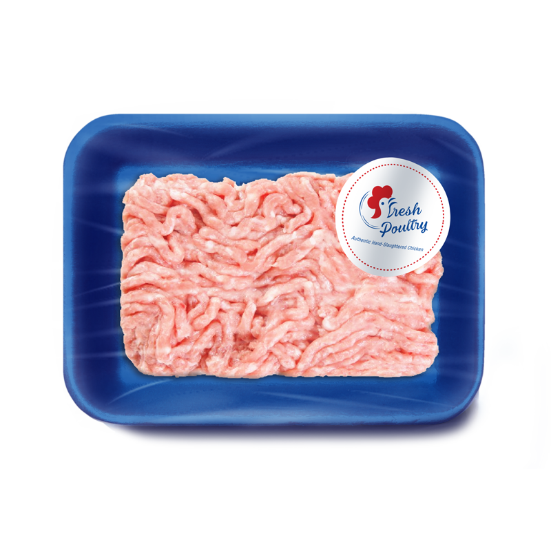 Packaged Raw Chicken Mince in Blue Tray with White Product Label PNG Image