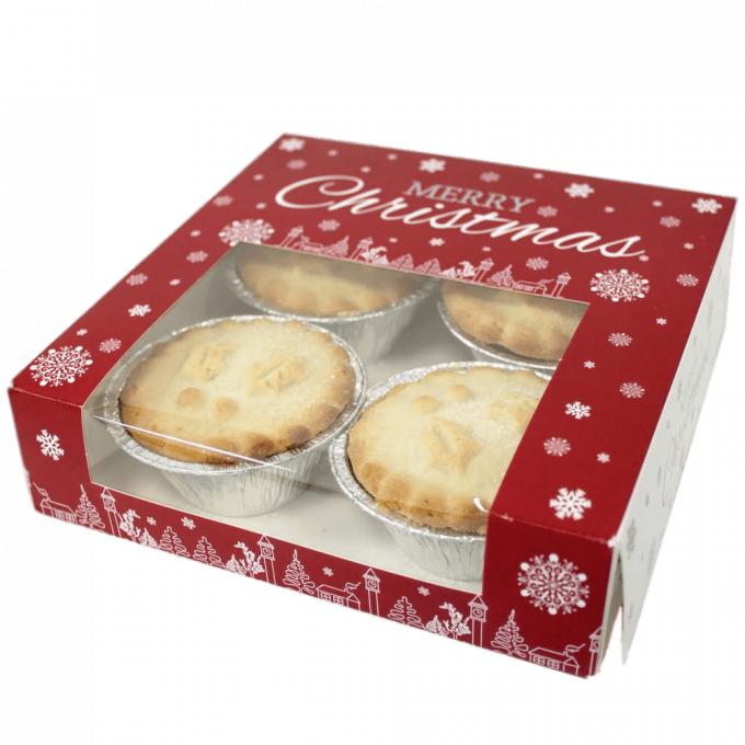Red Gift Box of Assorted Mini Mince Pies with Decorative Pastry Tops PNG