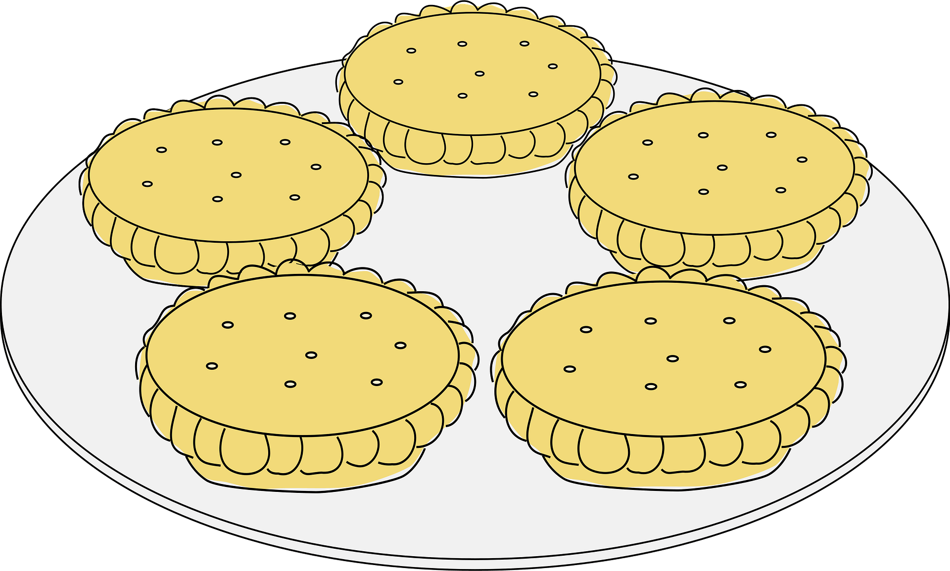 Six Small Round Pastry Meat Pies Arranged on Plate Cartoon Illustration PNG