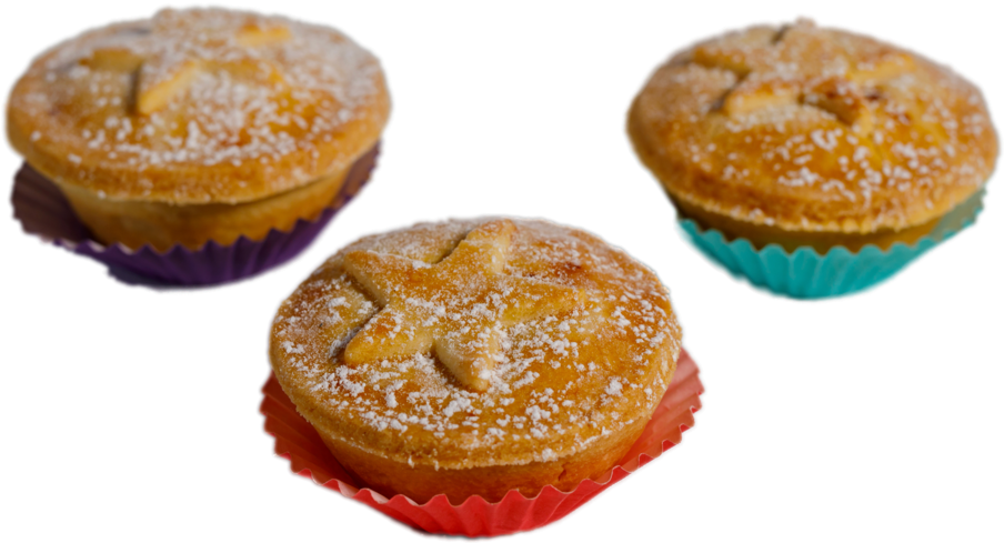 Three Golden Individual Minced Meat Pies with Pastry Lids PNG Food Image