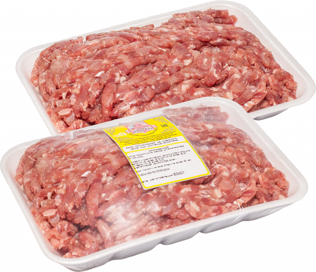 Two Clear Supermarket Trays of Fresh Ground Meat with Product Labels PNG Image