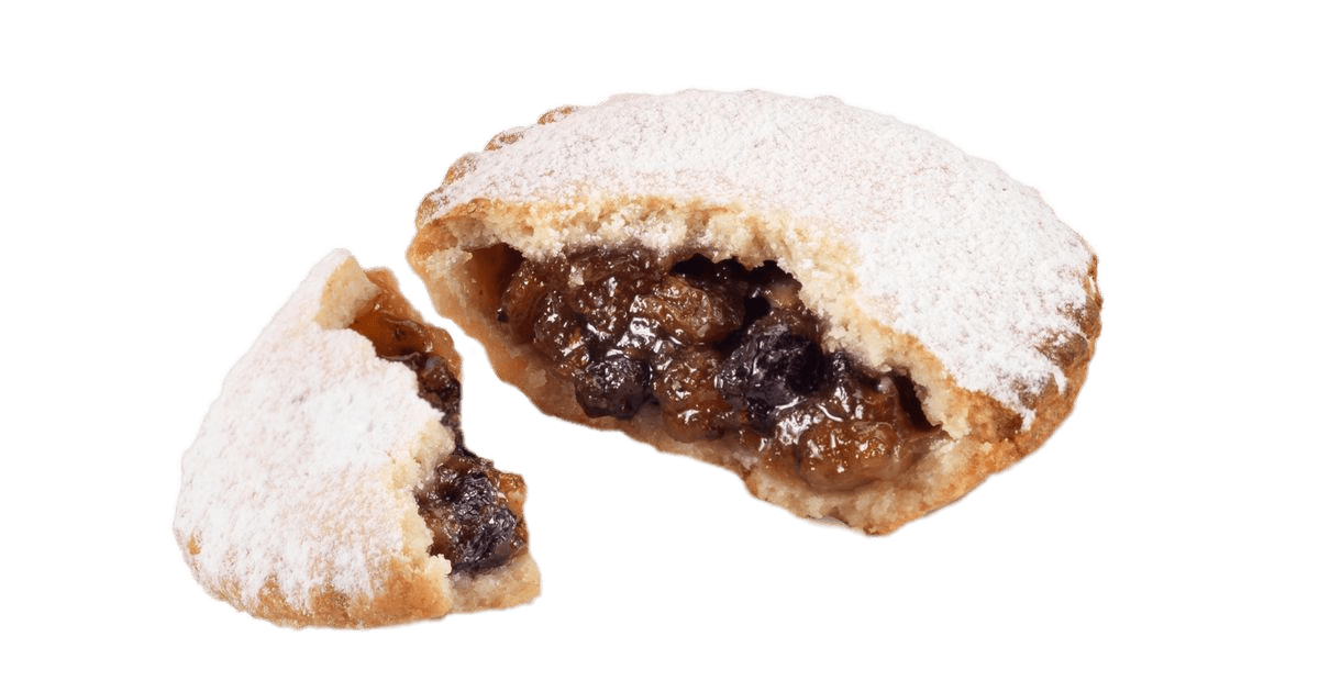 Two Sugar Dusted Mince Pies with Flaky Golden Crust PNG Dessert Image