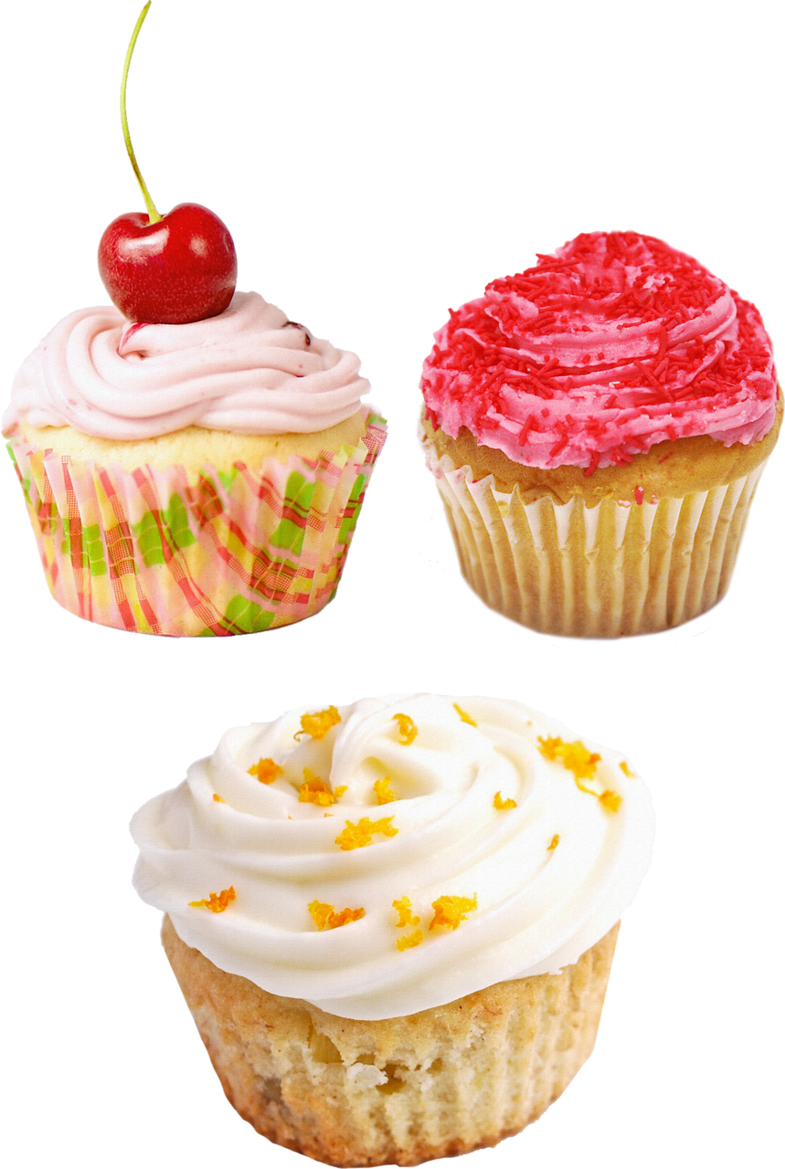 Assorted Mini Cupcakes with Pink White and Yellow Frosting PNG Dessert Set Image
