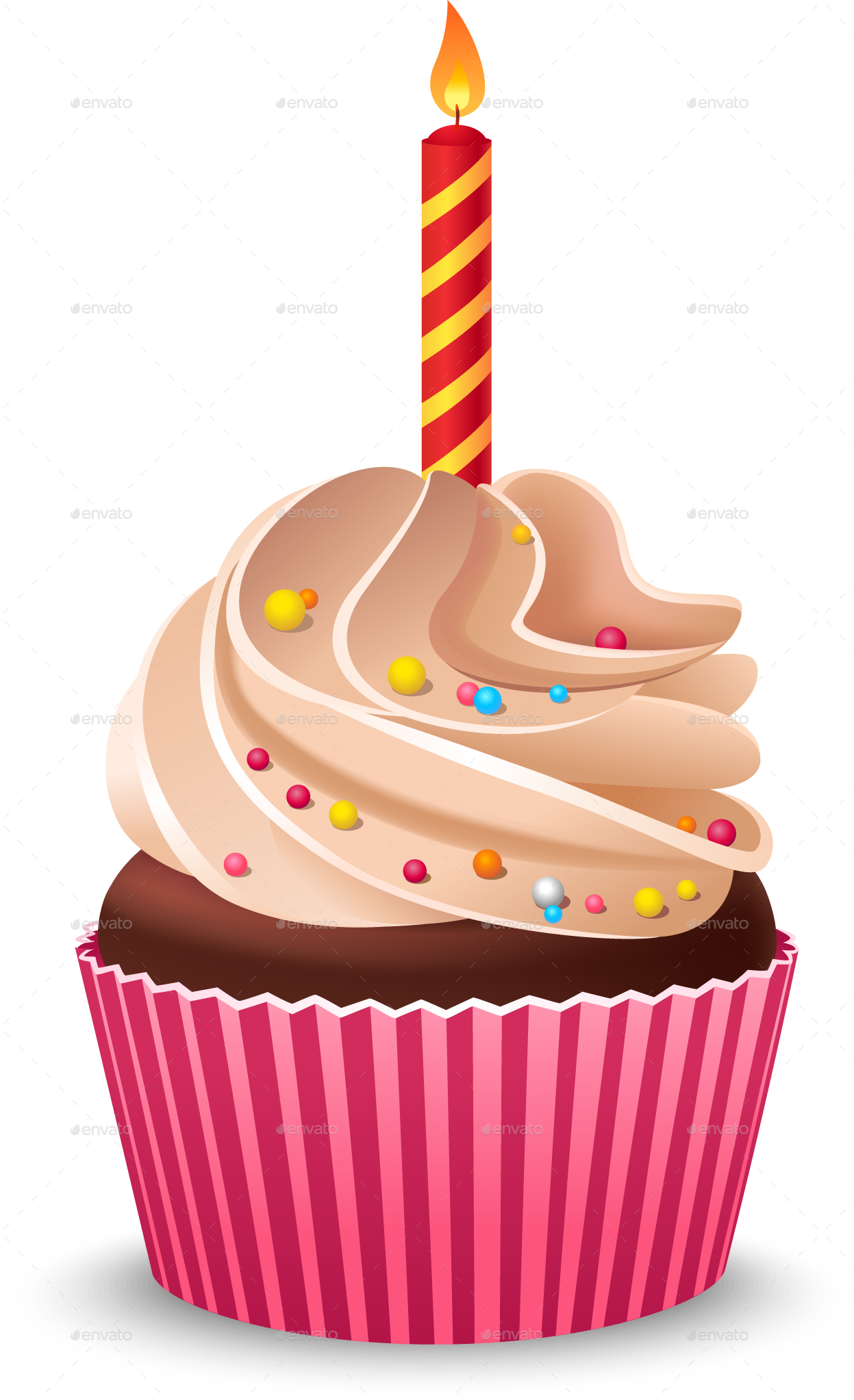 Birthday Cupcake with Orange and Pink Frosting and Lit Candle PNG Dessert Image