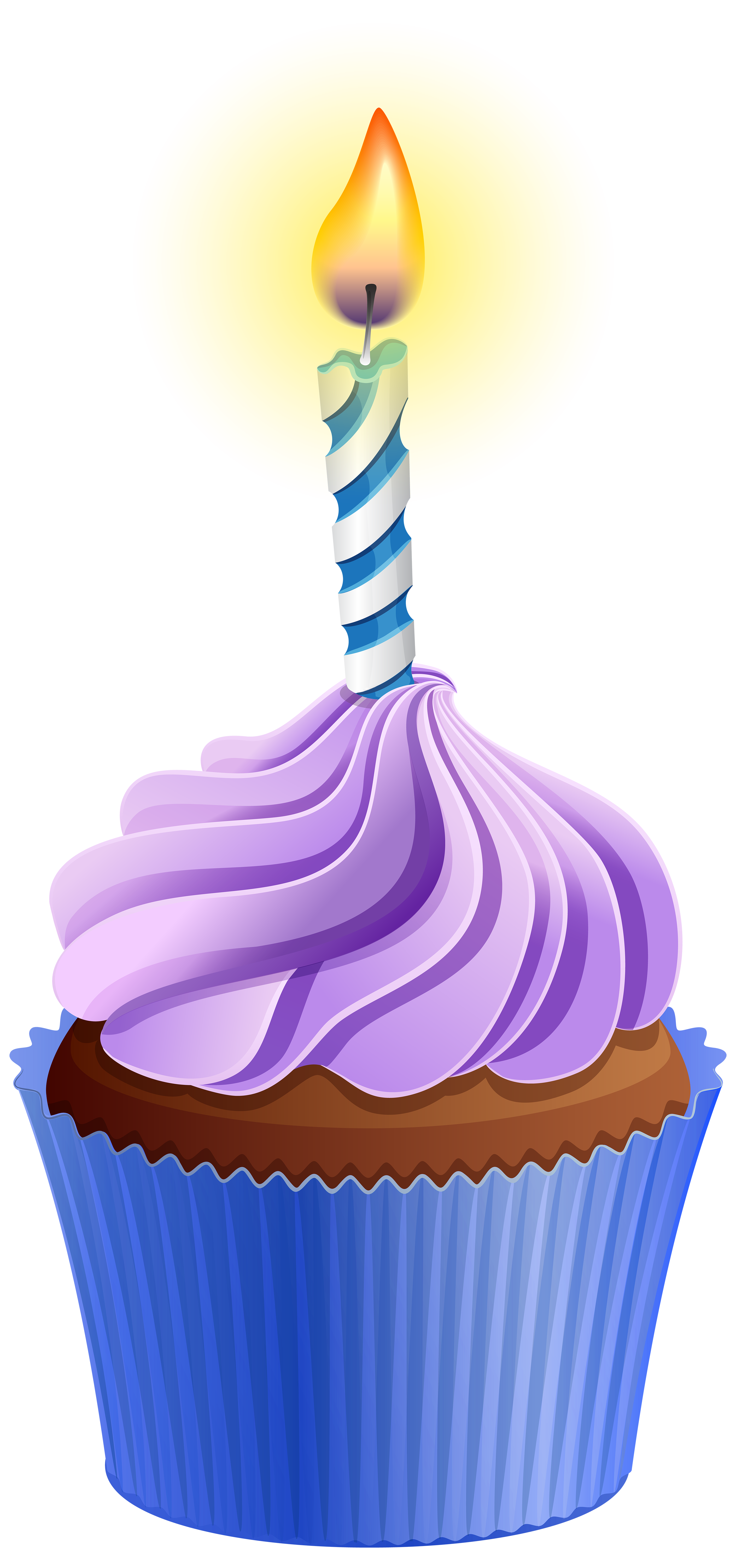 Birthday Cupcake with Purple Frosting Blue Wrapper and Lit Candle PNG Image