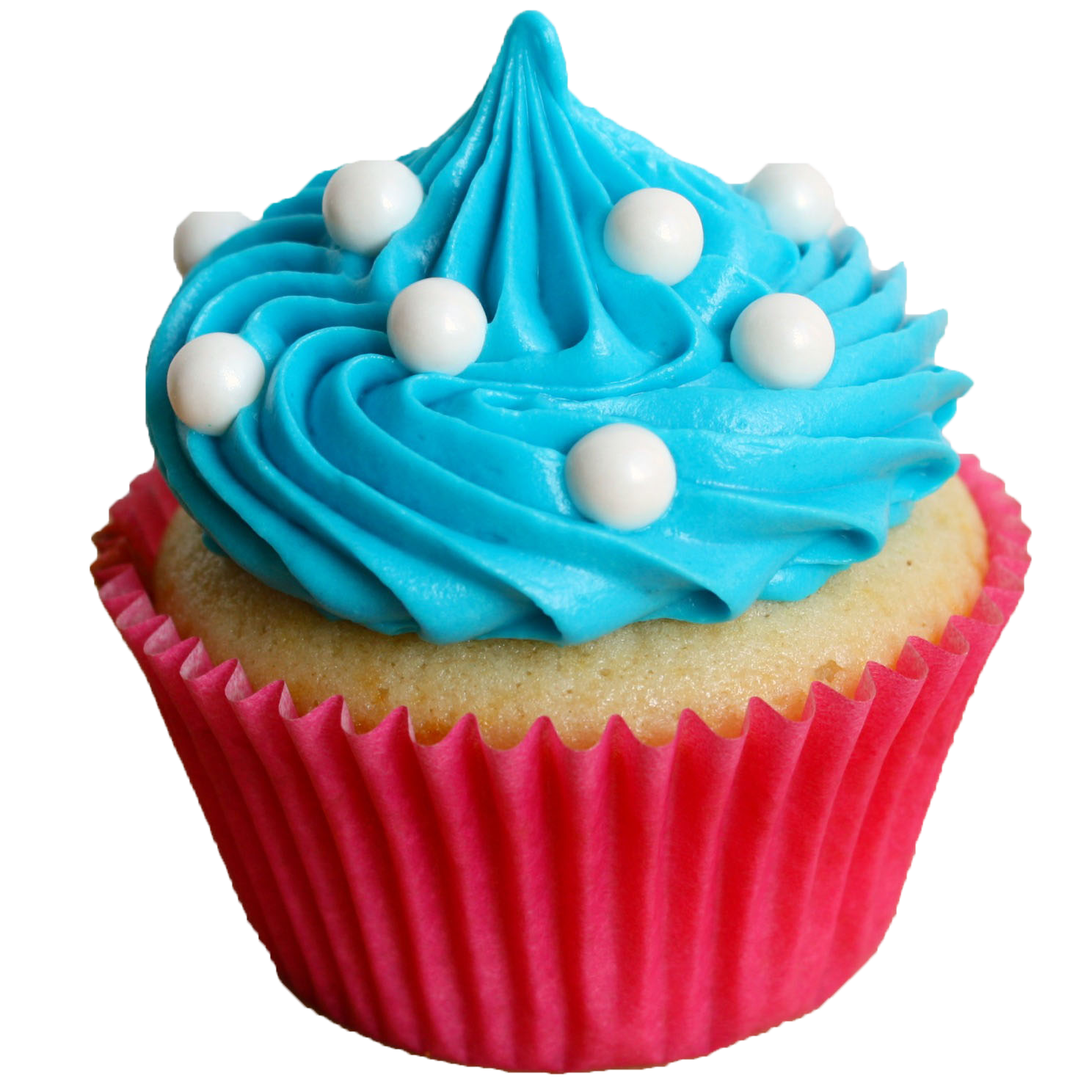 Bright Blue Frosted Cupcake with White Sugar Pearls in Pink Wrapper PNG Image