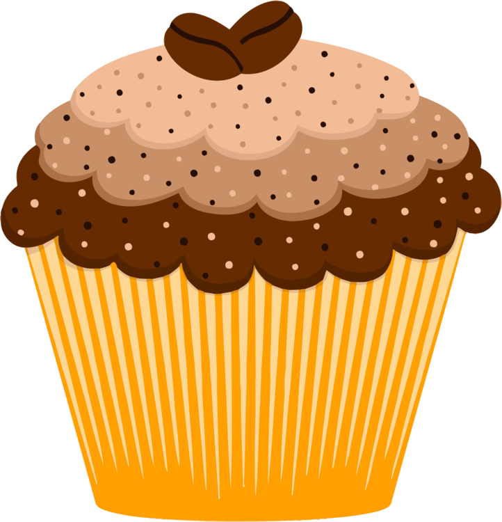 Caramel Frosted Cupcake with Coffee Bean Topping in Yellow Wrapper PNG Image
