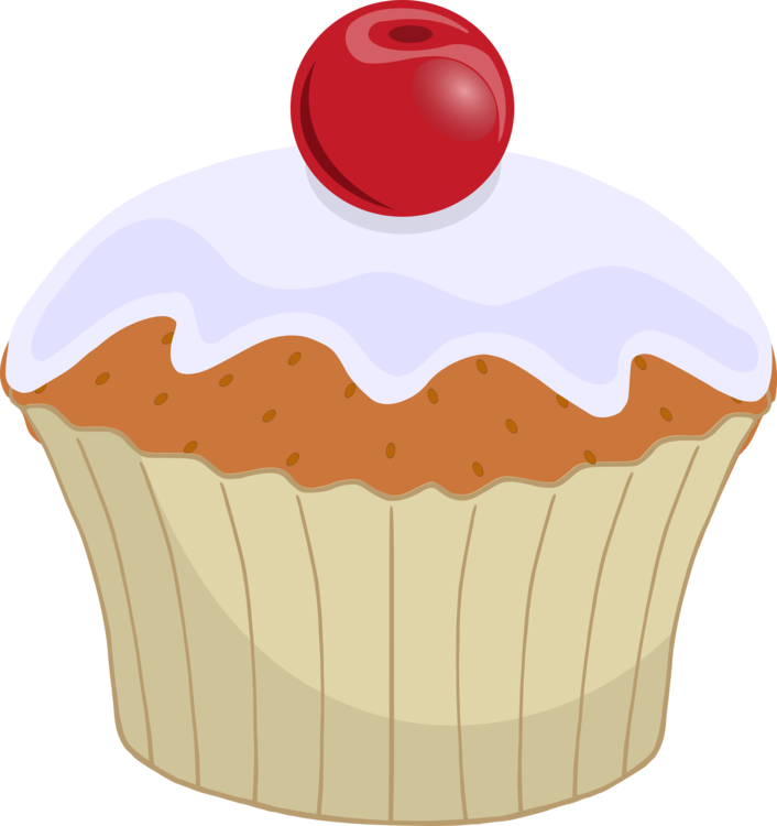 Cartoon Vanilla Cupcake with White Frosting and Red Cherry PNG Clipart Image