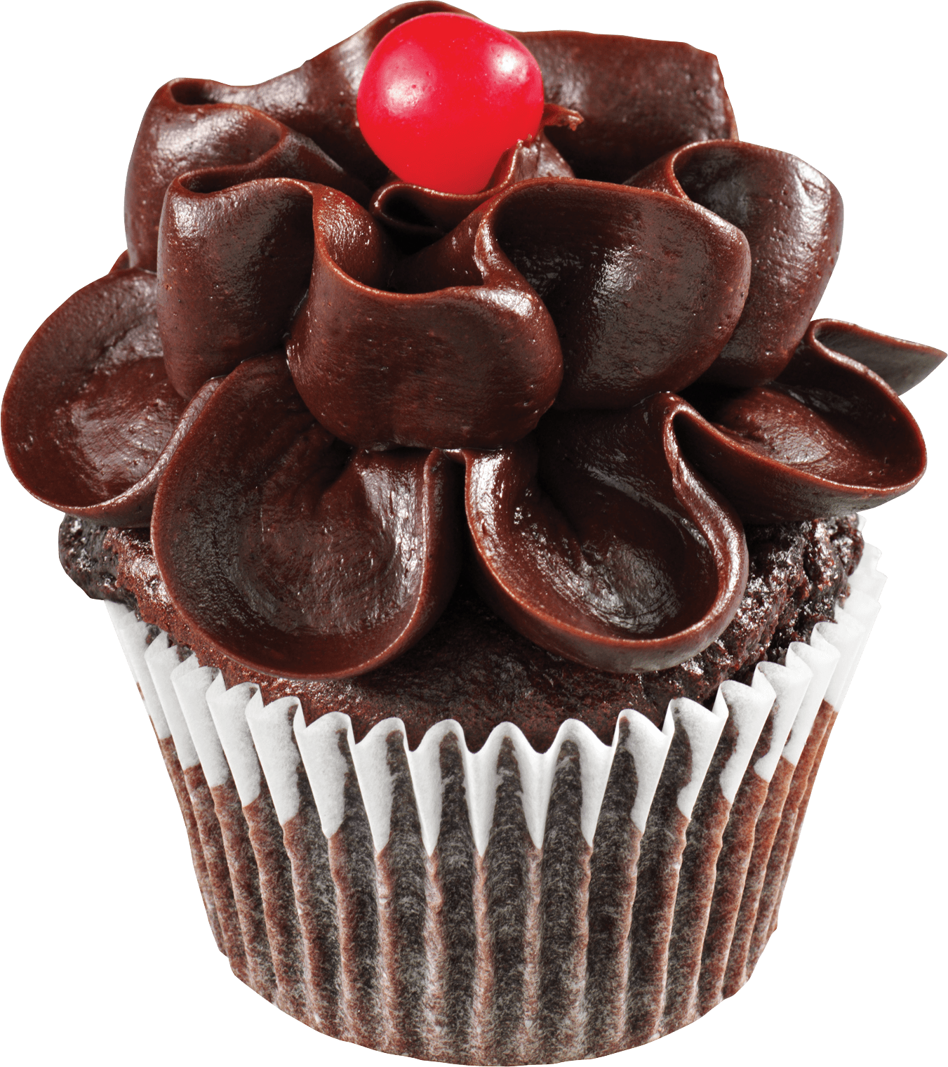 Chocolate Cupcake with Chocolate Cream Swirl and Red Cherry PNG Dessert Image