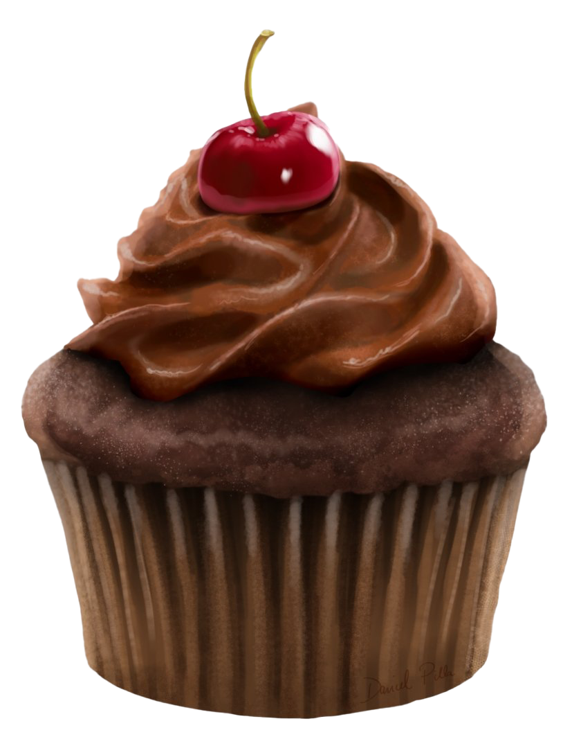 Chocolate Cupcake with Dark Swirled Frosting and Cherry on Top PNG Food Image
