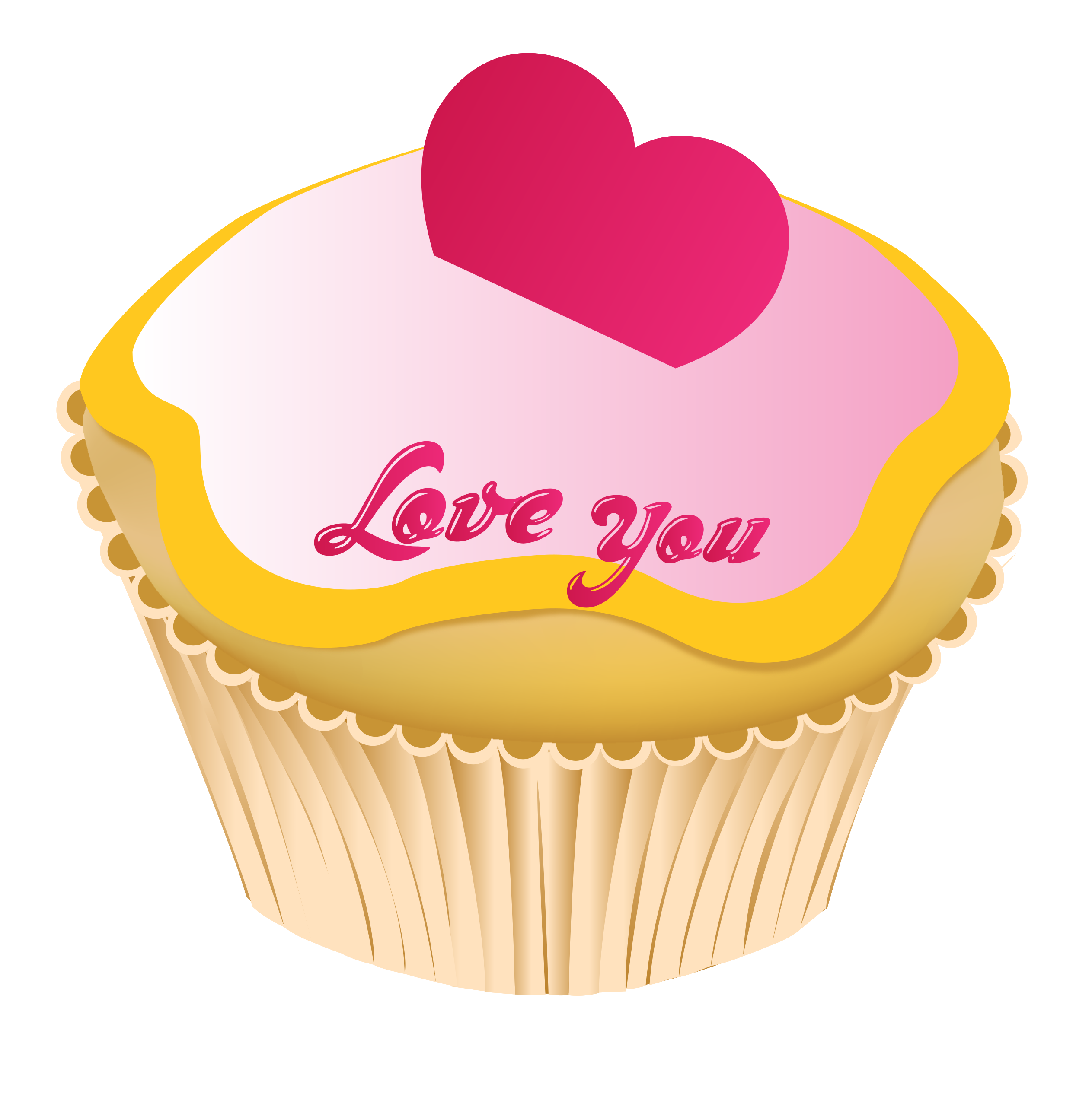 Cupcake with Heart Shaped Frosting and Love You Message PNG Dessert Illustration