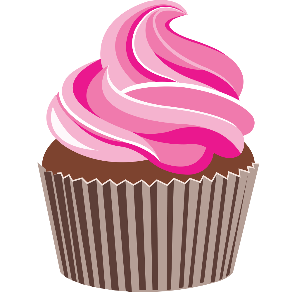 Cupcake with Tall Pink and White Swirl Frosting in Striped Wrapper PNG Image