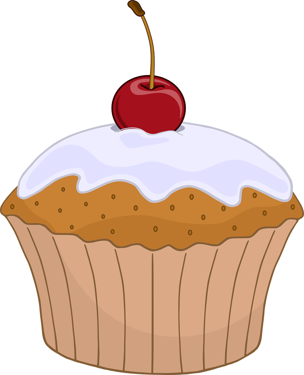 Cute Cartoon Vanilla Cupcake with White Icing and Red Cherry PNG Clipart