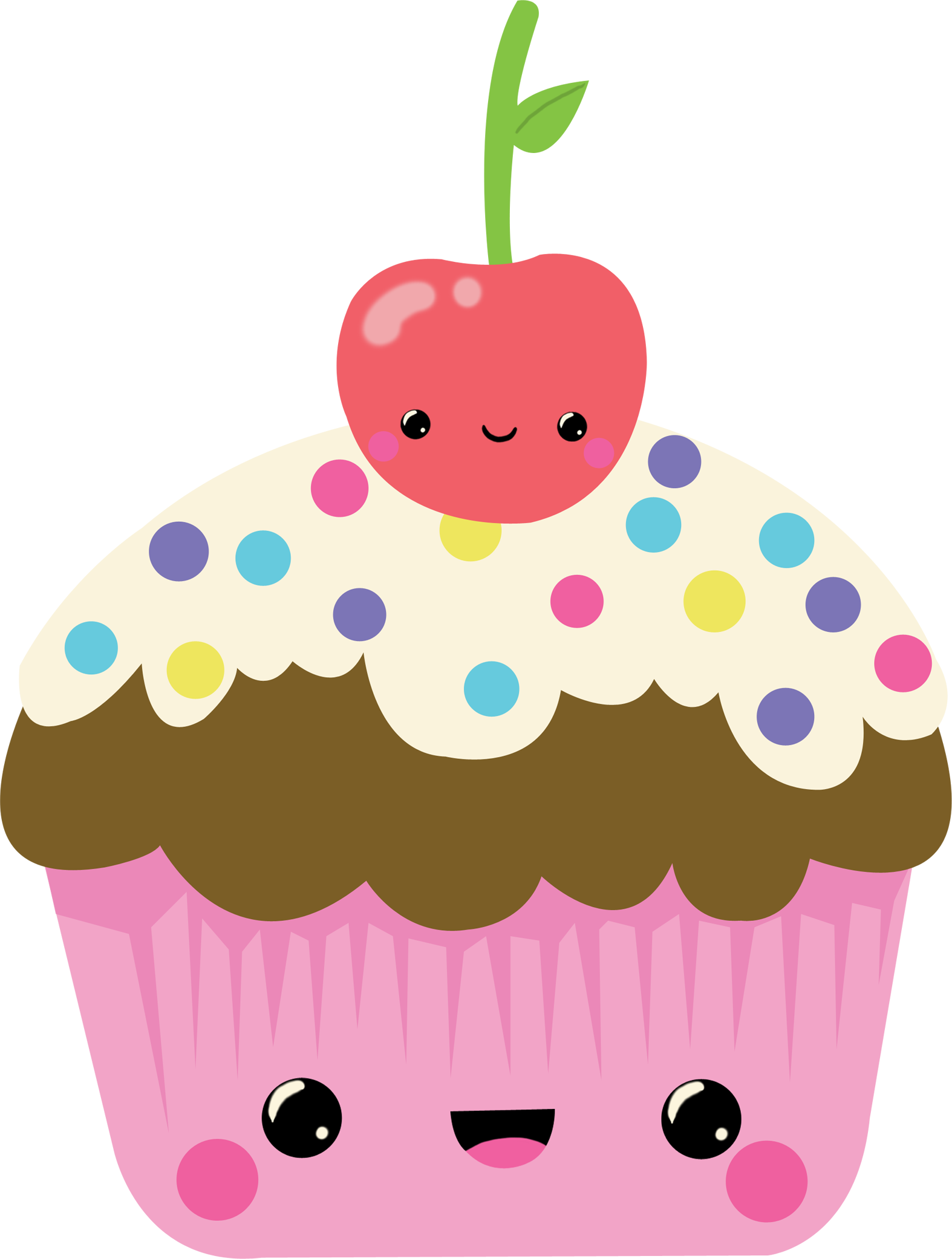 Cute Smiling Kawaii Cupcake with Cherry and Colorful Sprinkles PNG Character Image