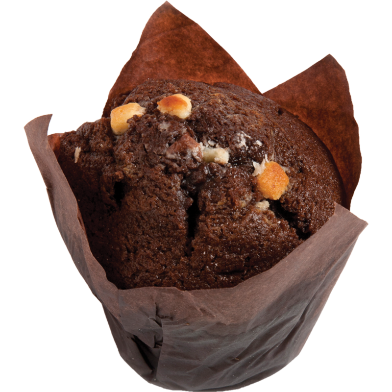 Dark Chocolate Muffin in Brown Tulip Baking Wrapper Isolated PNG Food Image