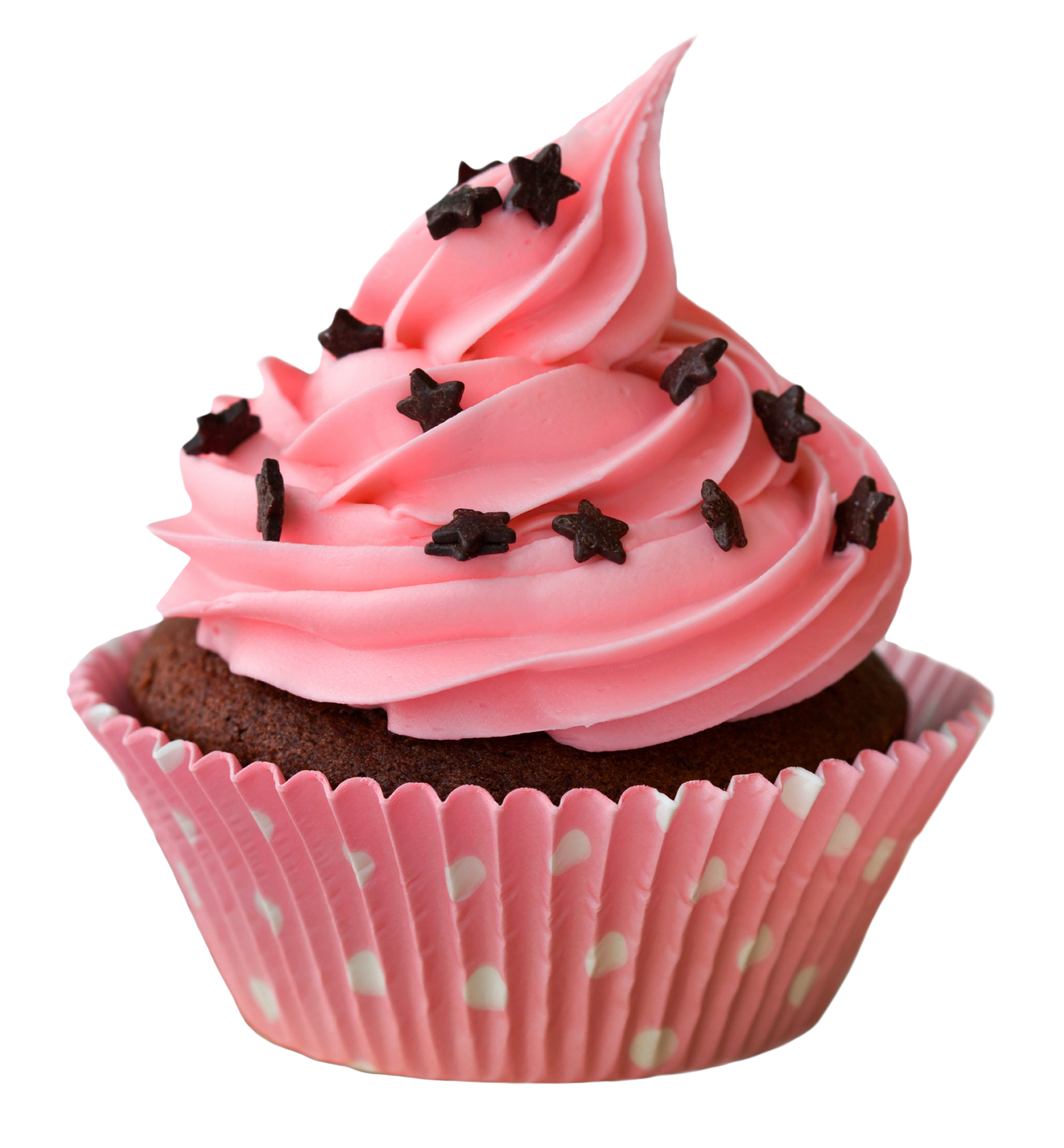 Pink Cupcake with Chocolate Chips and Tall Strawberry Frosting Swirl PNG Image