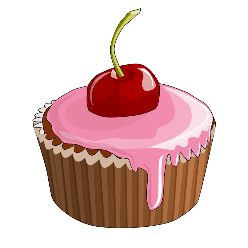 Pink Cupcake with Red Cherry and Pale Frosting in Striped Wrapper PNG Image
