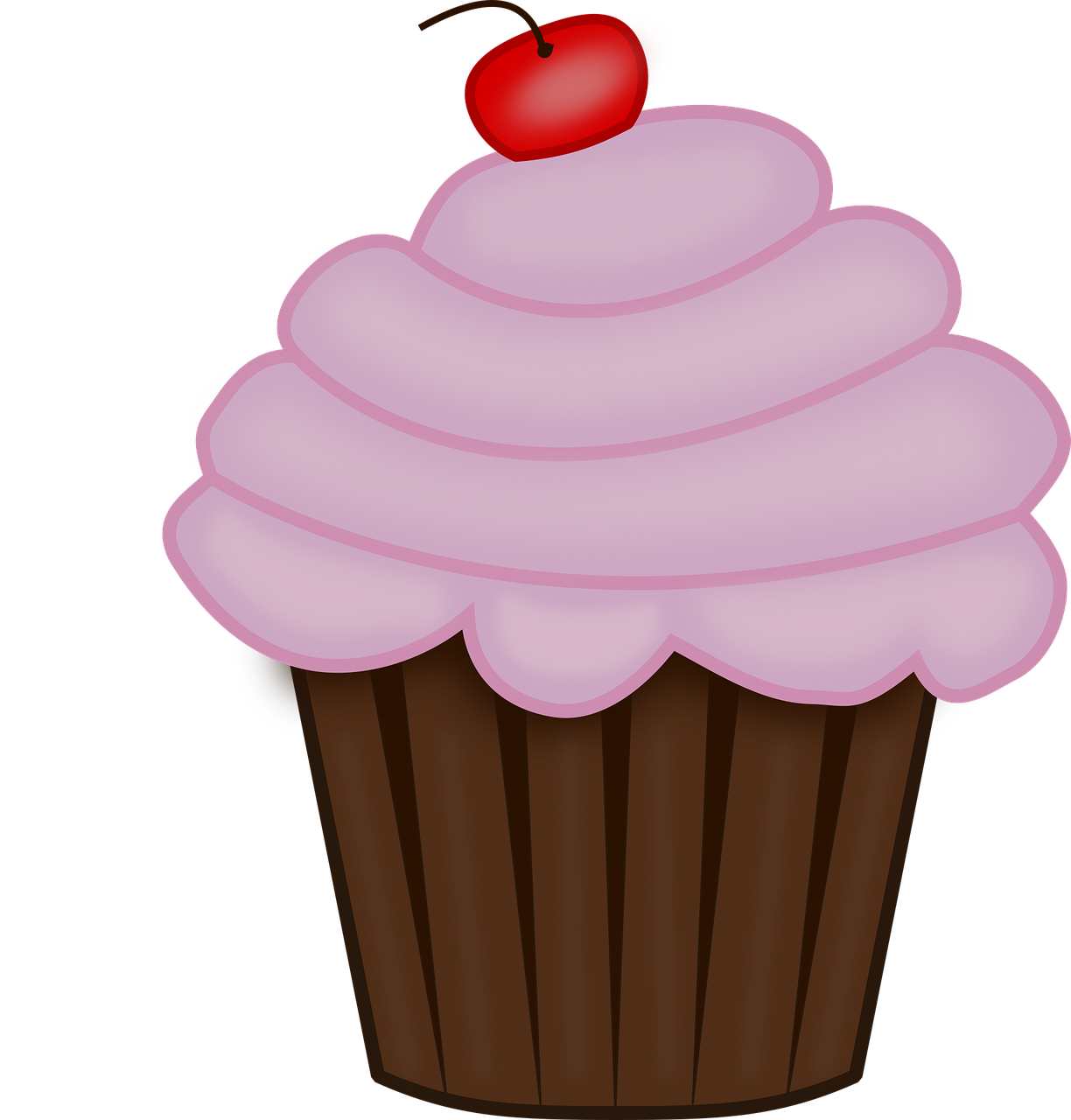 Pink Cupcake with Single Cherry and Purple Paper Wrapper Transparent PNG Image