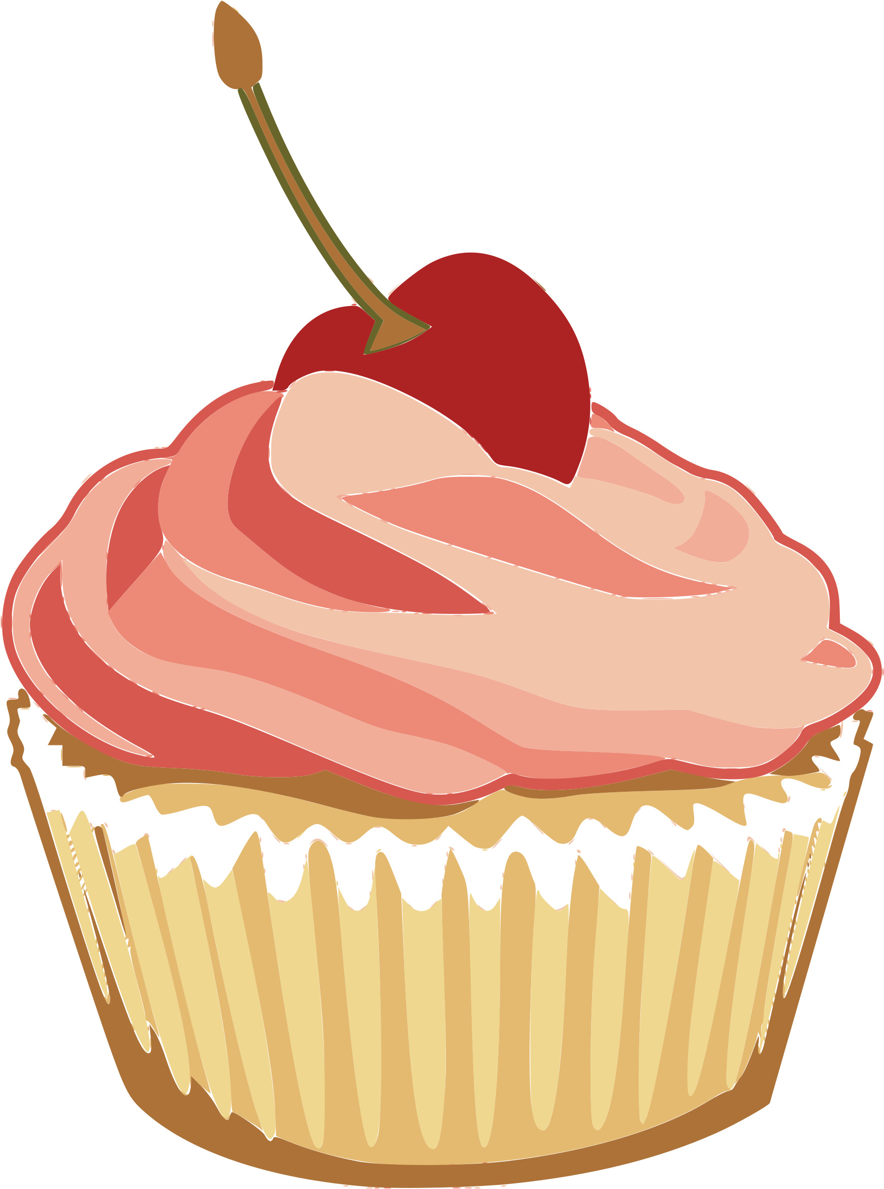 Pink Frosted Cupcake with Red Cherry on Yellow Wrapper Transparent PNG Image