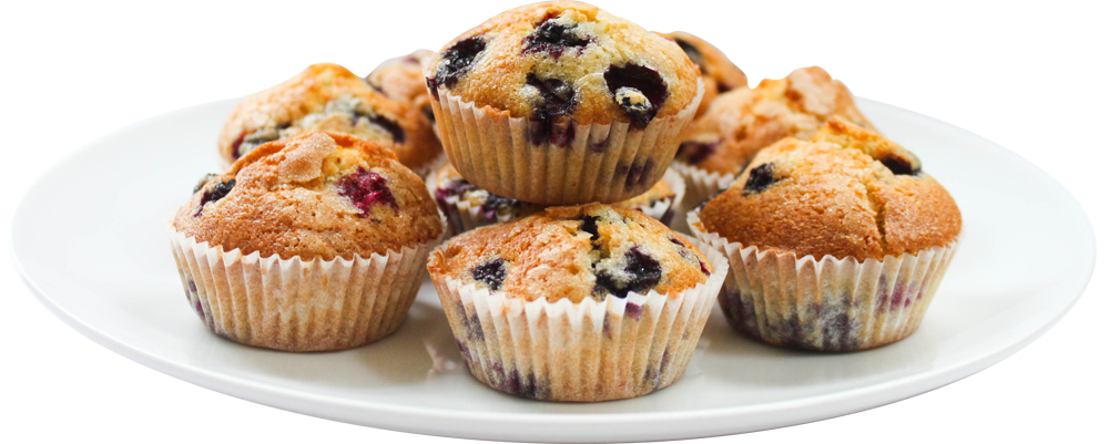 Plate of Small Blueberry Muffins with Fresh Baked Golden Tops PNG Food Photo