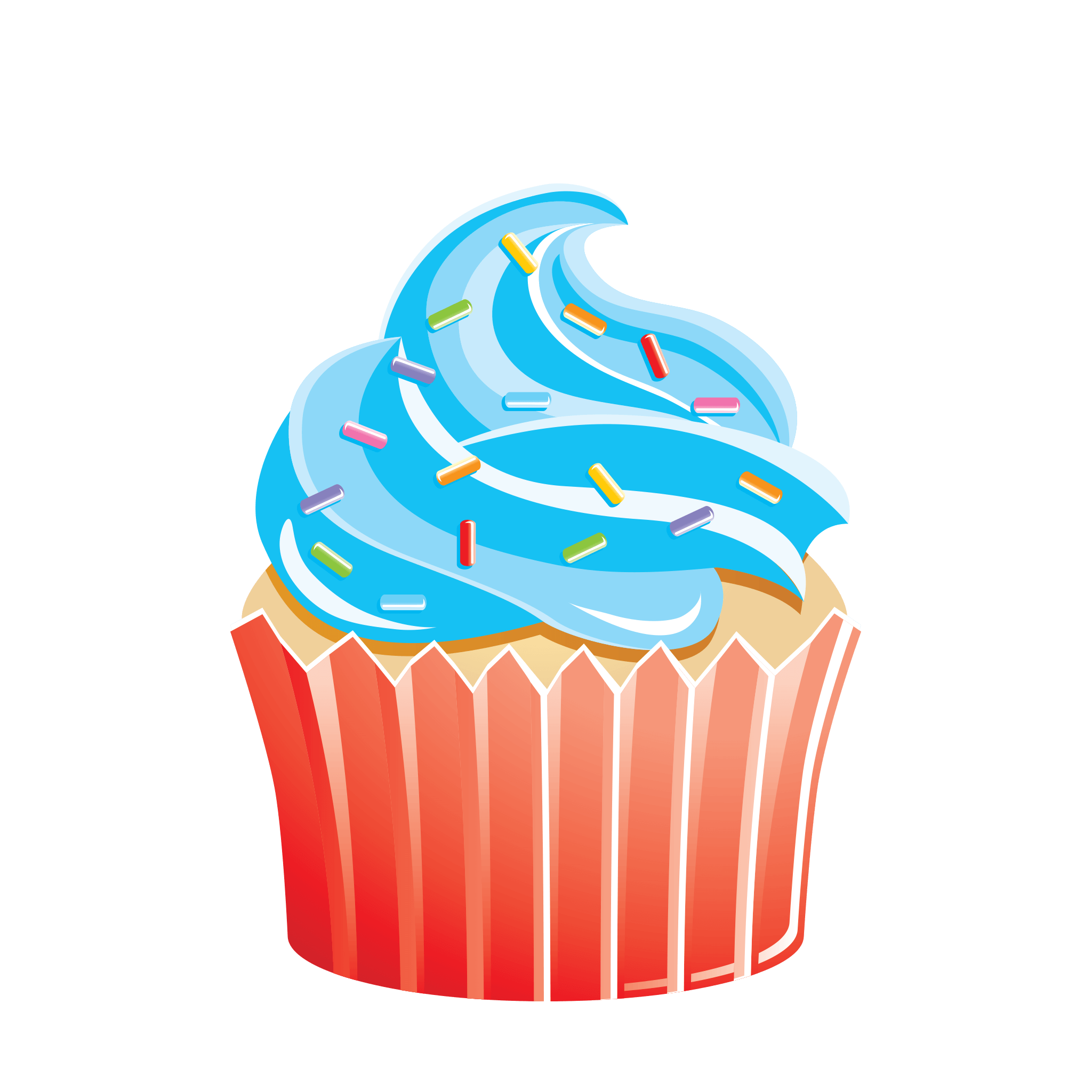 Swirled Blue and White Frosting Cupcake in Red Striped Wrapper PNG Image