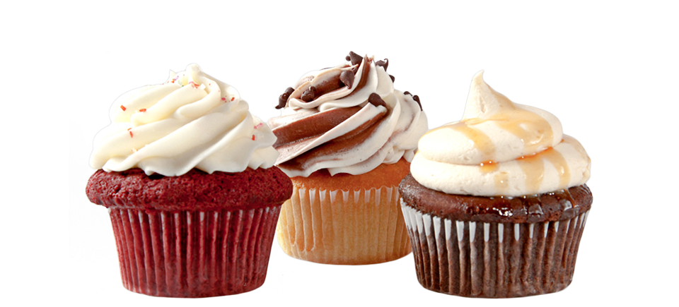 Three Assorted Cupcakes with White Cream Frosting on Colorful Liners PNG Image