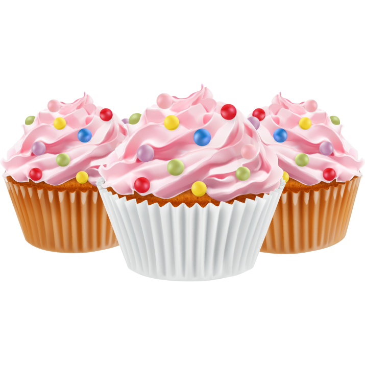 Three Vanilla Cupcakes with White Frosting and Rainbow Sprinkles PNG Dessert Image