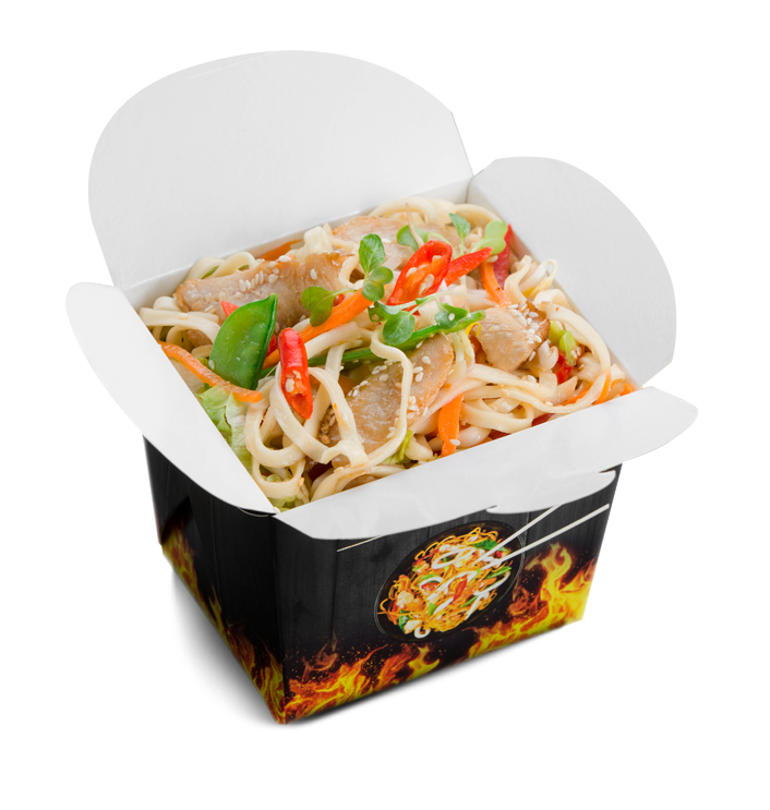 Asian Noodle Takeout Box with Prepared Noodles and Chopsticks PNG Food Image