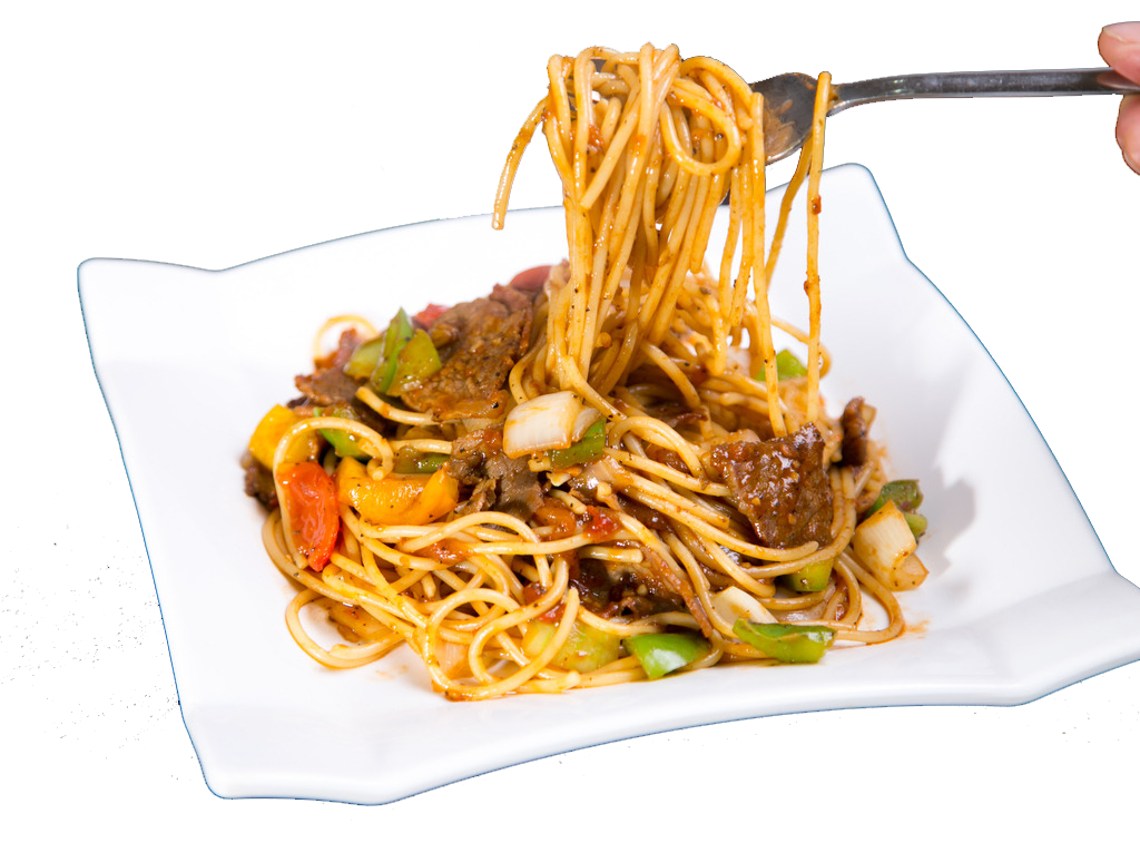 Beef Noodle Stir Fry with Peppers and Green Vegetables on White Platter PNG