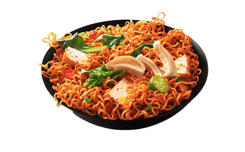 Black Bowl of Shrimp Chow Mein Noodles with Fresh Greens PNG Food Image