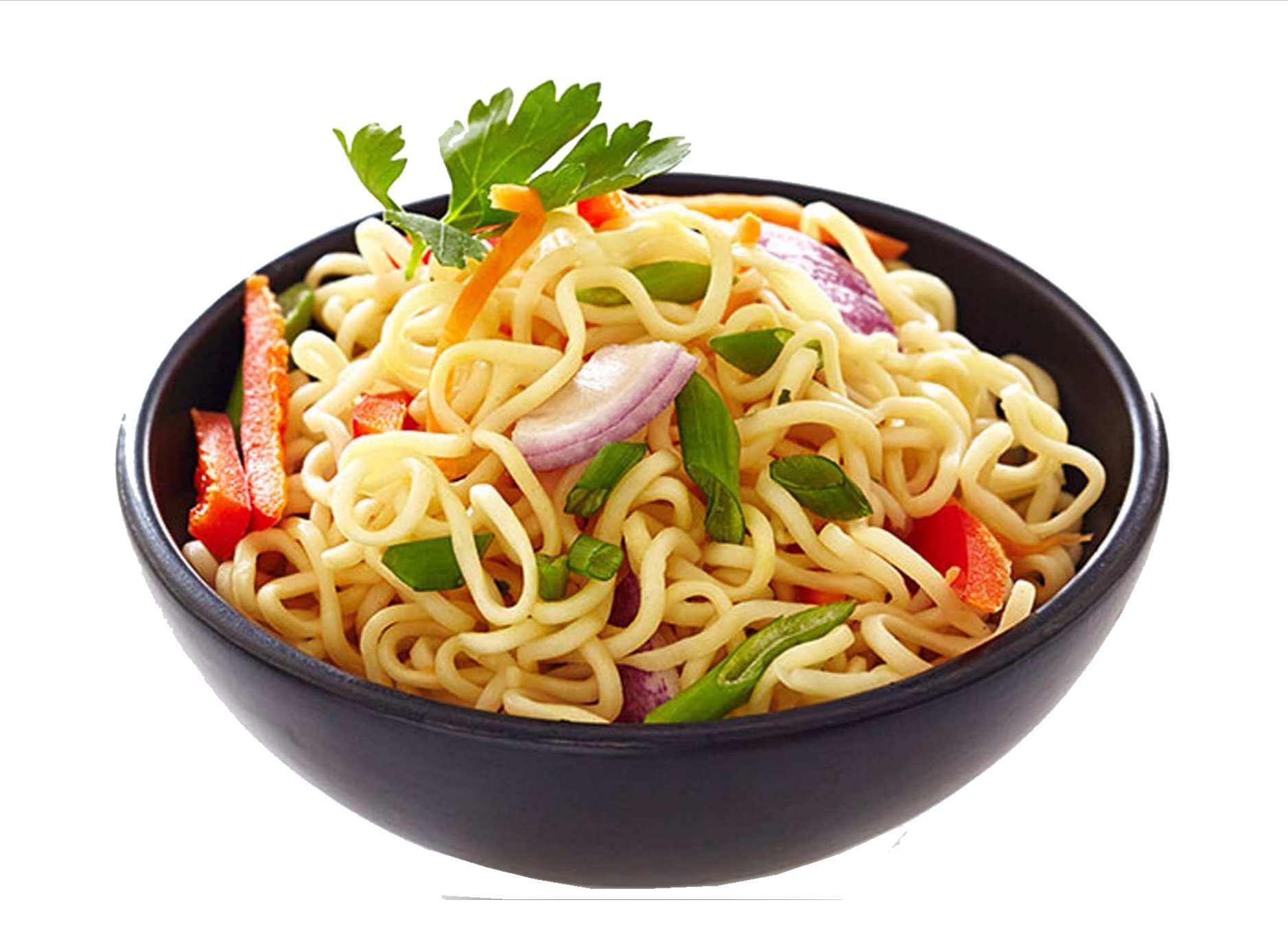 Black Bowl of Stir Fried Asian Noodles with Vegetables PNG Food Image