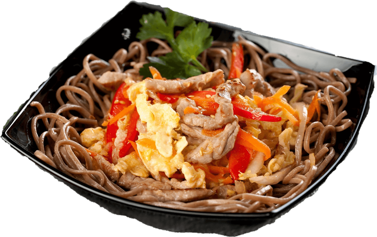 Black Takeout Tray of Asian Noodles with Egg and Vegetables PNG Meal Photo
