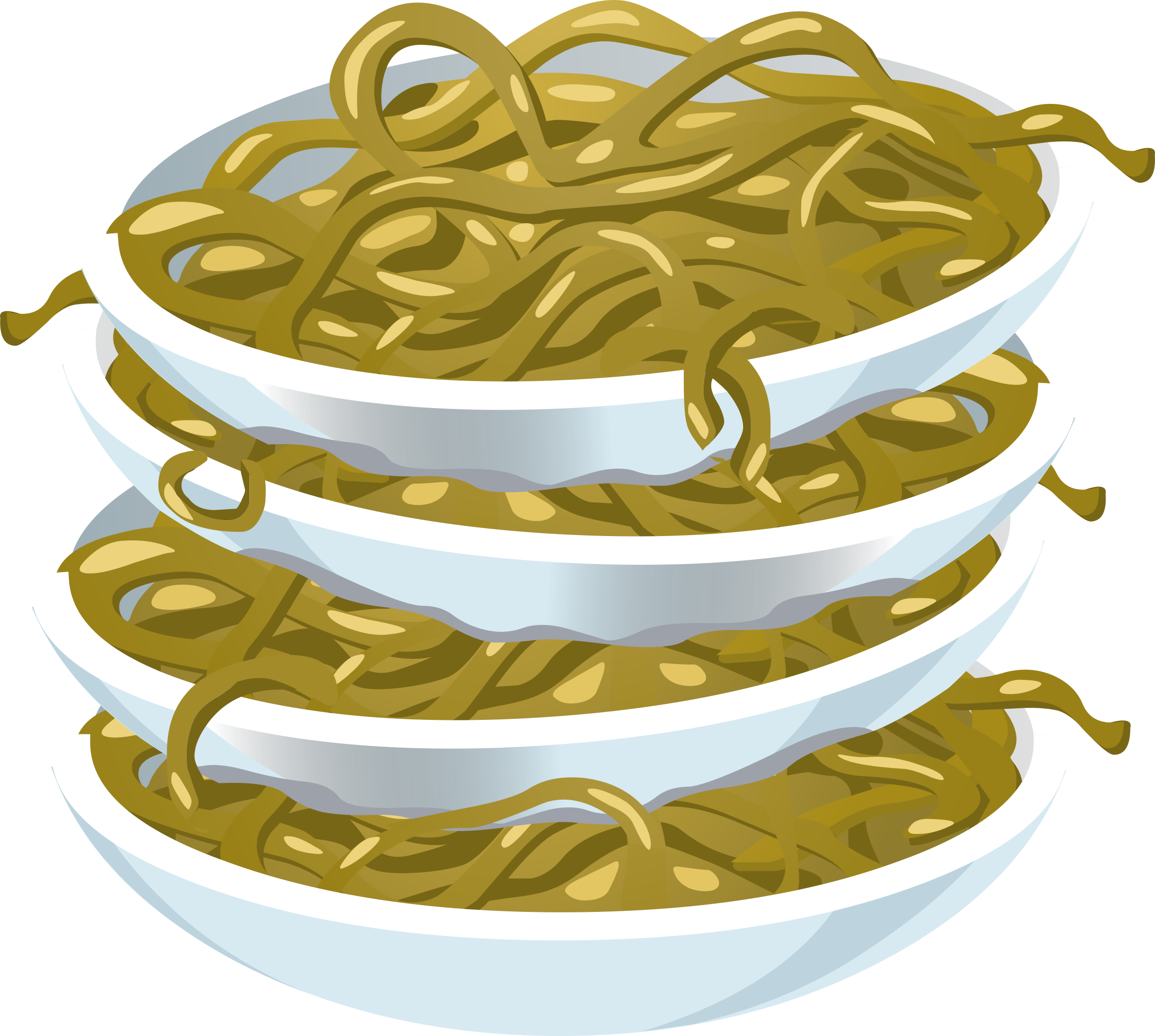Cartoon Green Noodles Stacked in Three White Serving Bowls PNG Illustration