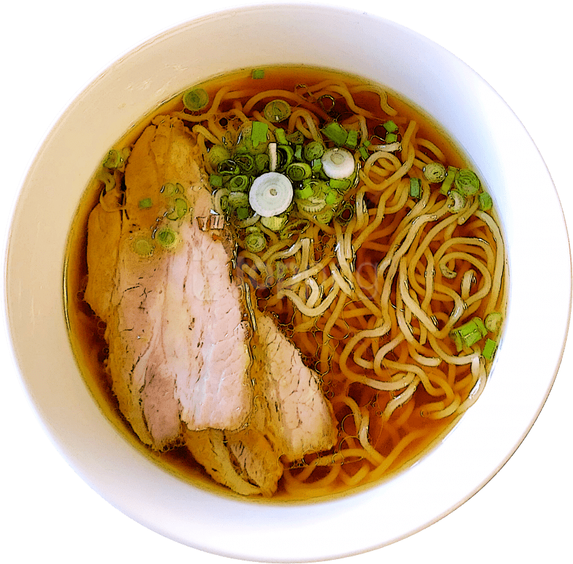 Chicken Ramen Soup with Boiled Egg and Green Onion in White Bowl PNG Photo