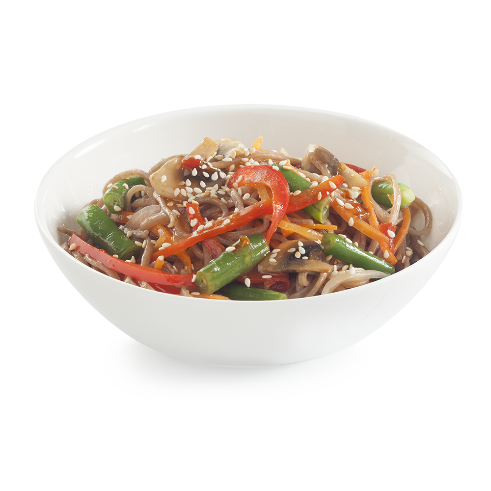 Clear Broth Noodle Soup with Meatballs and Herbs in Small Bowl PNG