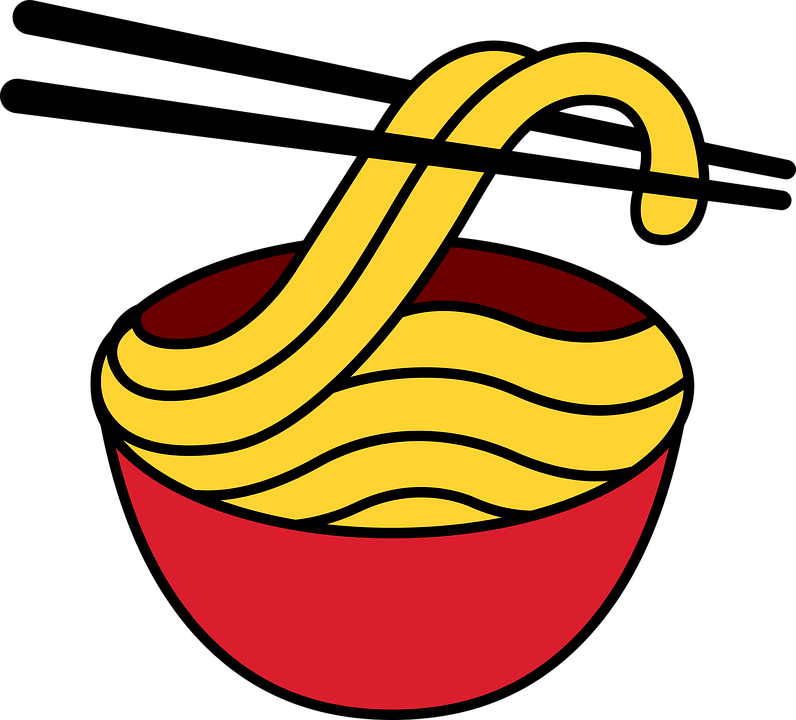 Colorful Cartoon Red Bowl of Yellow Noodles with Black Chopsticks PNG Illustration