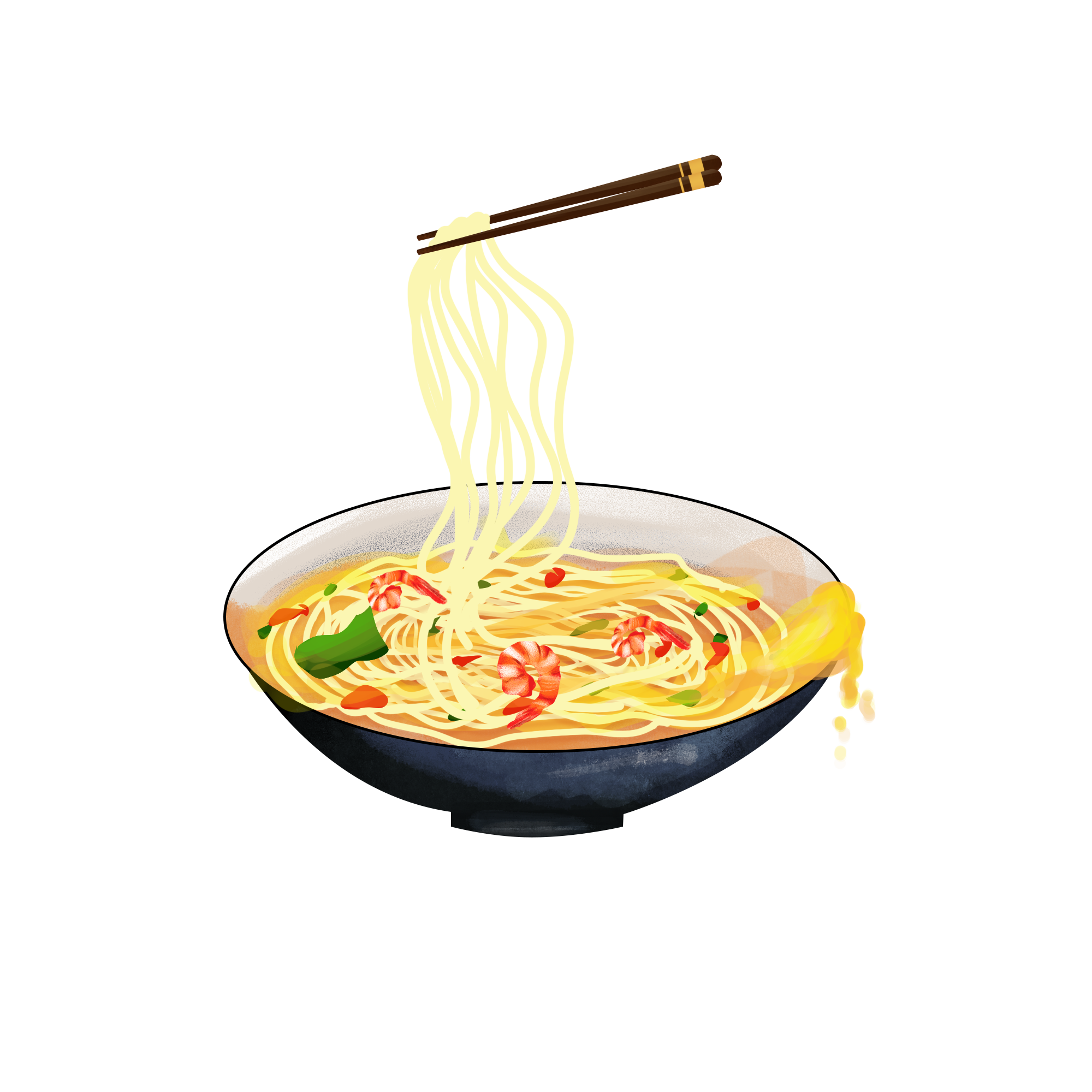 Cute Cartoon Ramen Bowl with Chopsticks and Curly Noodles PNG Clipart Image