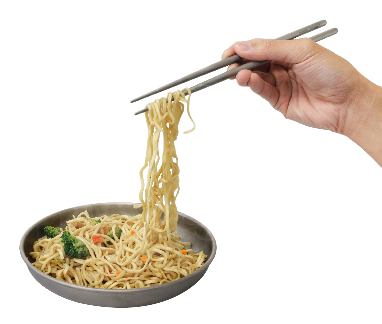 Hand Lifting Asian Noodles with Chopsticks from Serving Dish PNG Food Photo