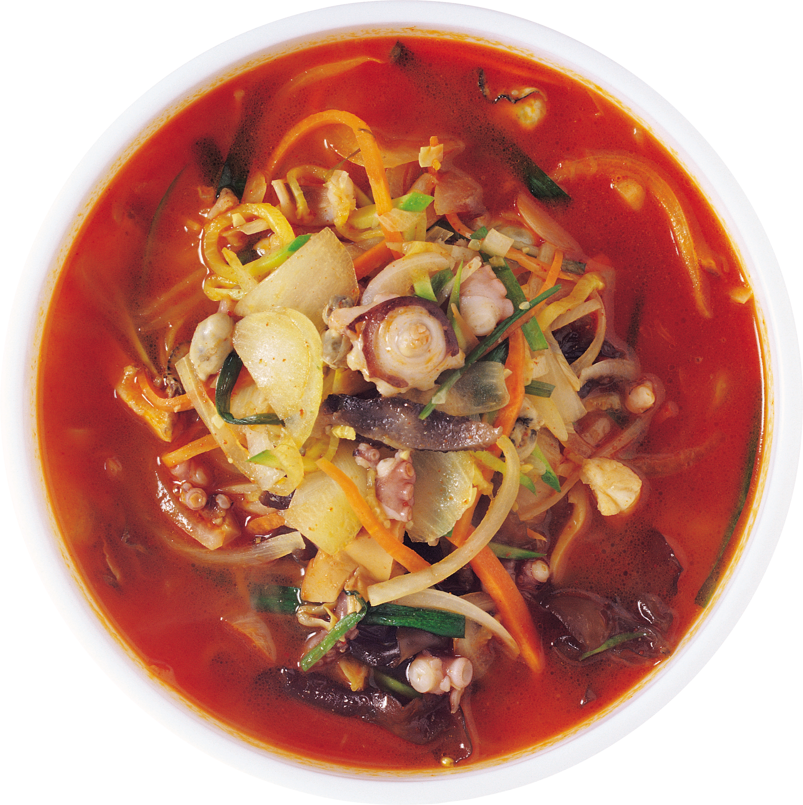 Hot Red Noodle Soup with Mushrooms and Vegetables in Ceramic Bowl PNG Food