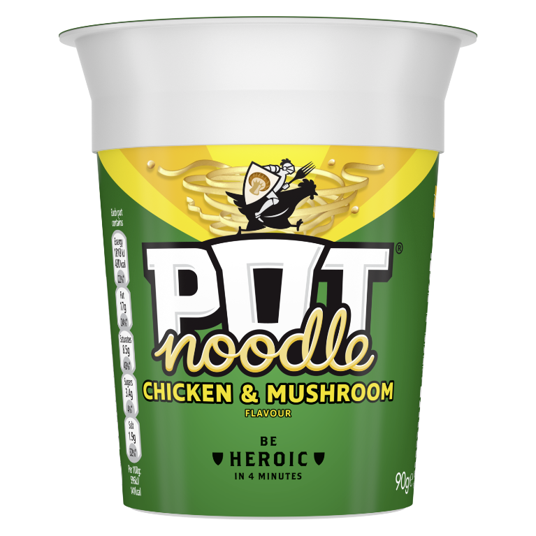 Instant Noodle Cup with Yellow Brand Label and Chopsticks PNG Product Image