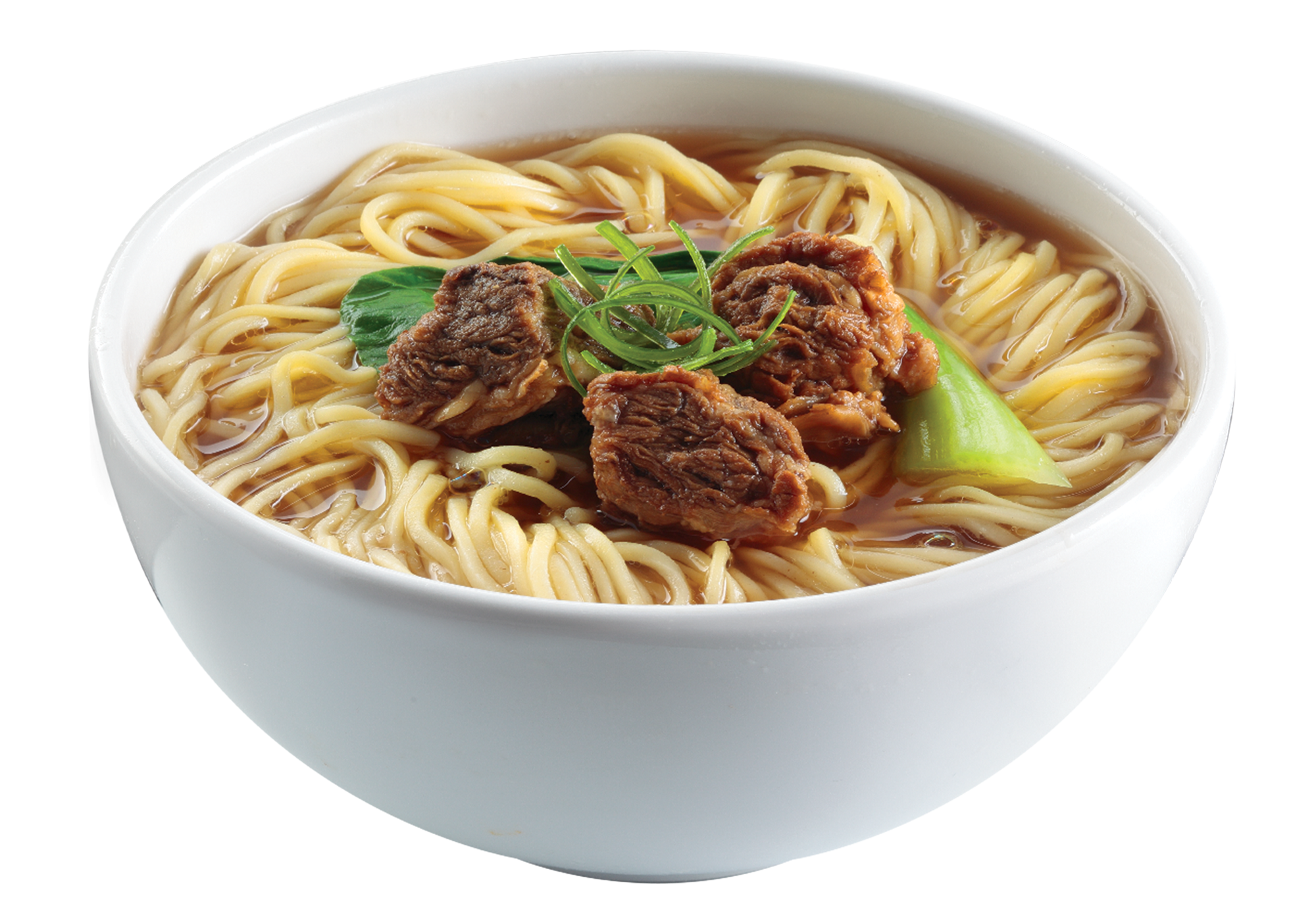 Meatball Noodle Soup in White Bowl with Fresh Herbs PNG Food Photo