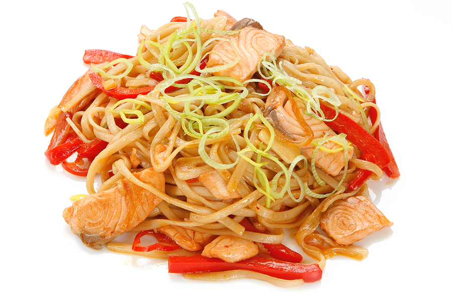 Pile of Chow Mein Noodles with Bell Peppers and Red Tomato Strips PNG Food Image