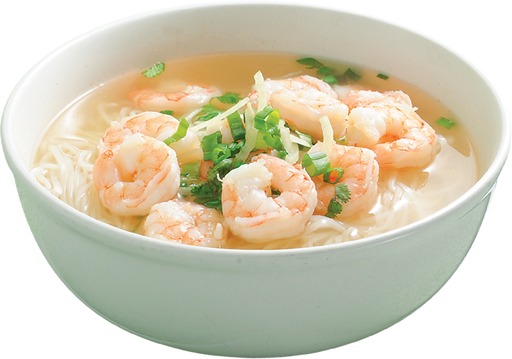 Shrimp Noodle Soup with Creamy Broth and Greens in Ceramic Bowl PNG Image