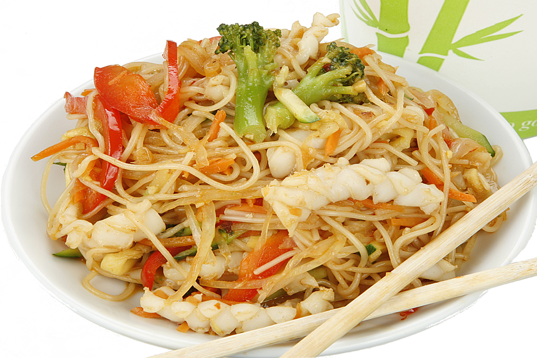 Shrimp Stir Fried Noodles with Carrots and Vegetables on White Dish PNG Image