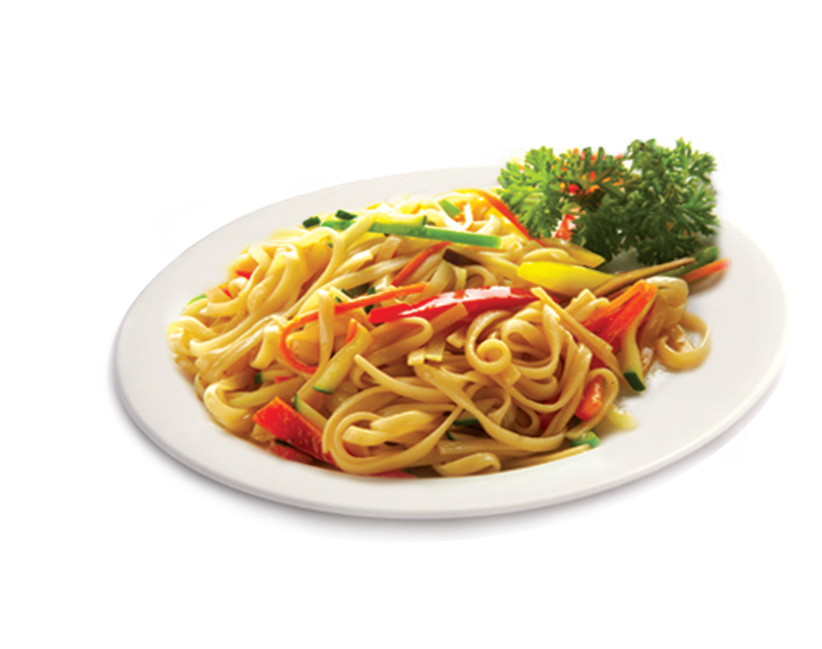 Small Plate of Yellow Stir Fried Noodles with Tomato and Vegetables PNG Image